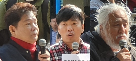 전국장애인차별철폐연대가 28일 오전 서울 반포동 고속터미널 앞에서 개최한 '고속버스 휠체어 탑승 시범운영에 따른 기자회견'에서 최용기 한국장애인자립생활센터협의회 회장, 조현수 전국장애인차별철페연대 정책실장, 박경석 전국장애인차별철폐연대 공동대표가 발언하고 있다. ⓒ에이블뉴스