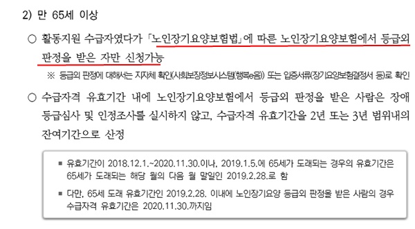 보건복지부가 발간한 ‘2019년 장애인 활동지원 사업안내’ 속 만 65세 이상은 장기요양 등급 외 판정을 받아야 활동지원이 가능하다고 나와 있다.ⓒ보건복지부
