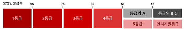 장기요양 인정점수 구간별 장기요양 인정등급.ⓒ국민건강보험공단